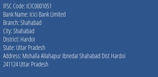 Icici Bank Shahabad Branch Hardoi IFSC Code ICIC0001051