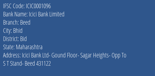 Icici Bank Beed Branch Bid IFSC Code ICIC0001096