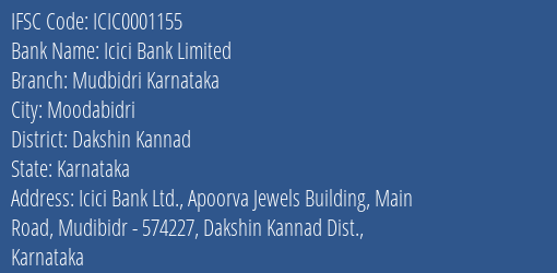 Icici Bank Mudbidri Karnataka Branch Dakshin Kannad IFSC Code ICIC0001155