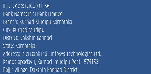 Icici Bank Kurnad Mudipu Karnataka Branch Dakshin Kannad IFSC Code ICIC0001156