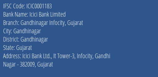 Icici Bank Gandhinagar Infocity Gujarat Branch Gandhinagar IFSC Code ICIC0001183
