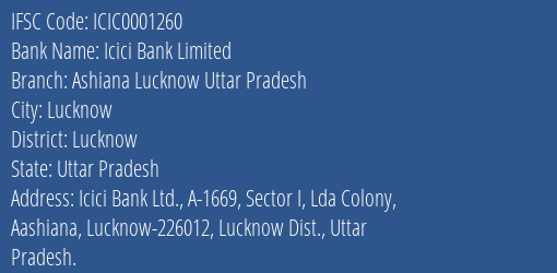 Icici Bank Ashiana Lucknow Uttar Pradesh Branch Lucknow IFSC Code ICIC0001260