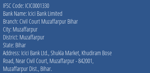 Icici Bank Civil Court Muzaffarpur Bihar Branch Muzaffarpur IFSC Code ICIC0001330