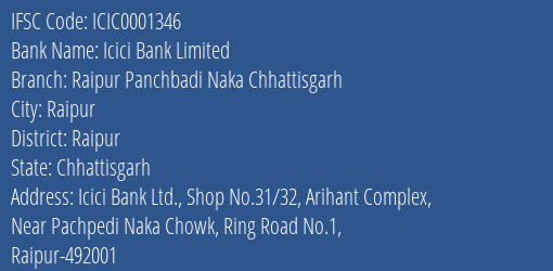 Icici Bank Raipur Panchbadi Naka Chhattisgarh Branch Raipur IFSC Code ICIC0001346