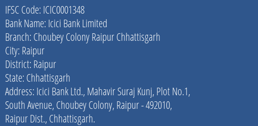 Icici Bank Choubey Colony Raipur Chhattisgarh Branch Raipur IFSC Code ICIC0001348