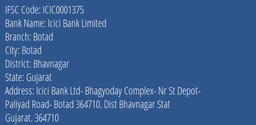 Icici Bank Botad Branch Bhavnagar IFSC Code ICIC0001375