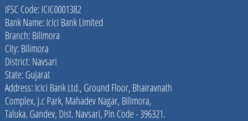 Icici Bank Bilimora Branch Navsari IFSC Code ICIC0001382