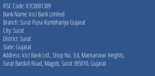 Icici Bank Surat Puna Kumbhariya Gujarat Branch Surat IFSC Code ICIC0001389
