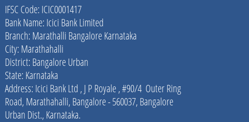 Icici Bank Marathalli Bangalore Karnataka Branch Bangalore Urban IFSC Code ICIC0001417