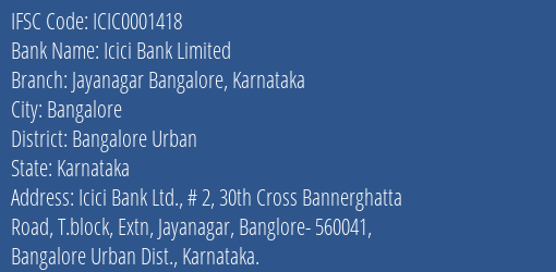 Icici Bank Jayanagar Bangalore Karnataka Branch Bangalore Urban IFSC Code ICIC0001418