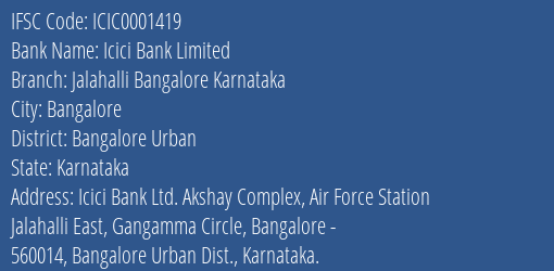 Icici Bank Jalahalli Bangalore Karnataka Branch Bangalore Urban IFSC Code ICIC0001419