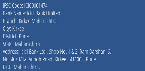 Icici Bank Kirkee Maharashtra Branch Pune IFSC Code ICIC0001474