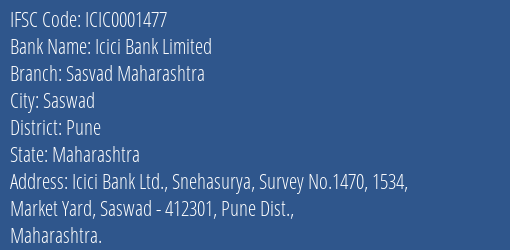 Icici Bank Sasvad Maharashtra Branch Pune IFSC Code ICIC0001477