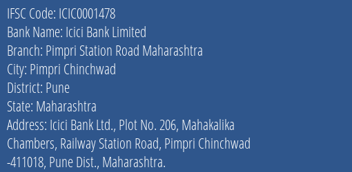 Icici Bank Pimpri Station Road Maharashtra Branch Pune IFSC Code ICIC0001478