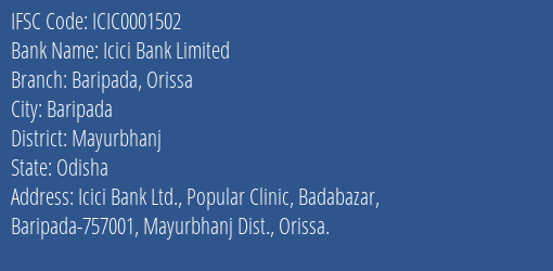 Icici Bank Baripada Orissa Branch Mayurbhanj IFSC Code ICIC0001502