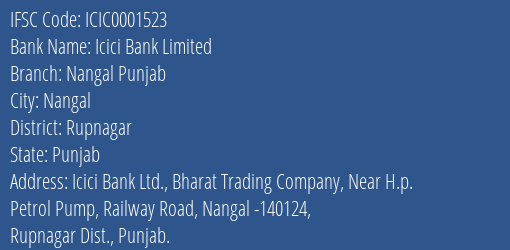 Icici Bank Nangal Punjab Branch Rupnagar IFSC Code ICIC0001523