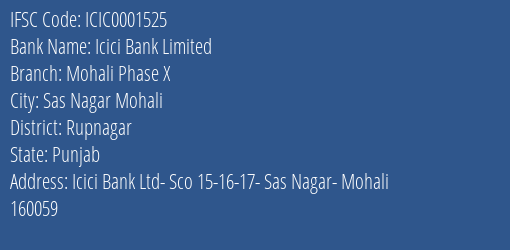 Icici Bank Mohali Phase X Branch Rupnagar IFSC Code ICIC0001525