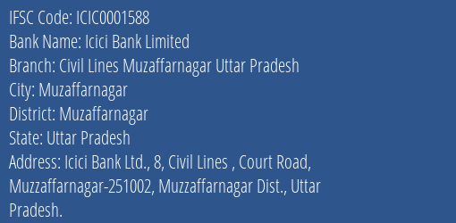 Icici Bank Civil Lines Muzaffarnagar Uttar Pradesh Branch Muzaffarnagar IFSC Code ICIC0001588