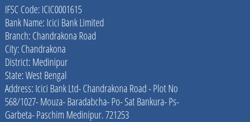 Icici Bank Chandrakona Road Branch Medinipur IFSC Code ICIC0001615