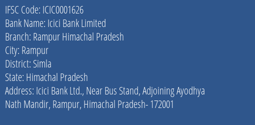 Icici Bank Rampur Himachal Pradesh Branch Simla IFSC Code ICIC0001626