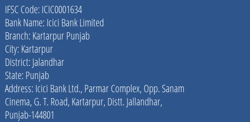 Icici Bank Kartarpur Punjab Branch Jalandhar IFSC Code ICIC0001634