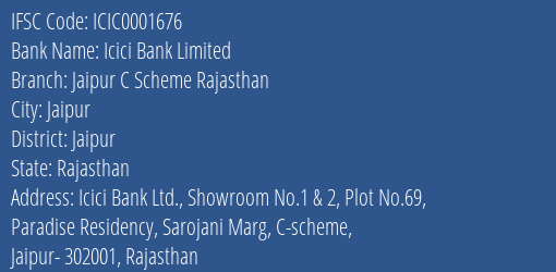 Icici Bank Jaipur C Scheme Rajasthan Branch Jaipur IFSC Code ICIC0001676