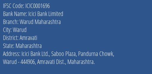 Icici Bank Warud Maharashtra Branch Amravati IFSC Code ICIC0001696