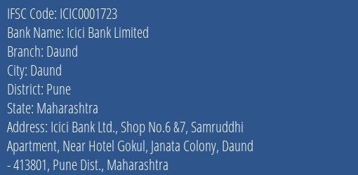 Icici Bank Daund Branch Pune IFSC Code ICIC0001723