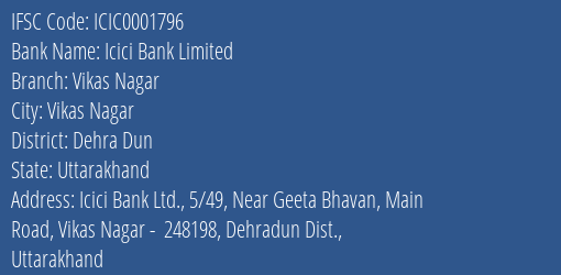 Icici Bank Vikas Nagar Branch Dehra Dun IFSC Code ICIC0001796