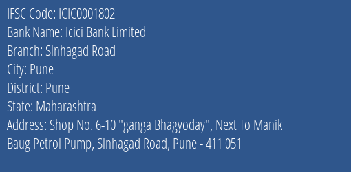 Icici Bank Sinhagad Road Branch Pune IFSC Code ICIC0001802