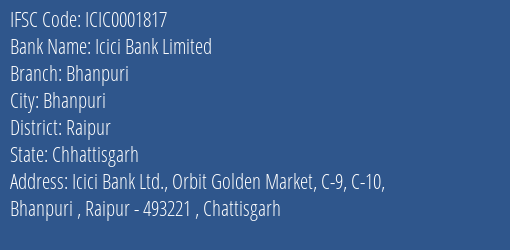 Icici Bank Bhanpuri Branch Raipur IFSC Code ICIC0001817