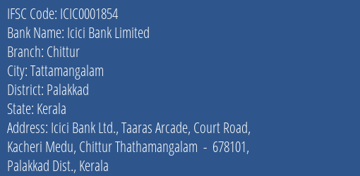 Icici Bank Chittur Branch Palakkad IFSC Code ICIC0001854