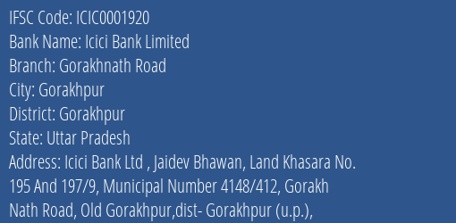 Icici Bank Gorakhnath Road Branch Gorakhpur IFSC Code ICIC0001920