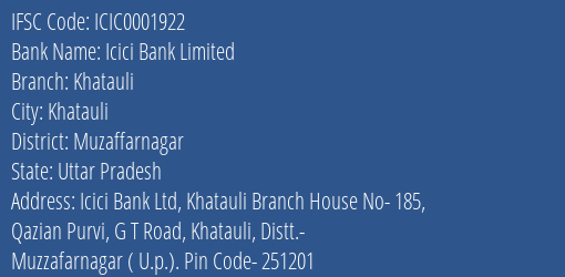 Icici Bank Khatauli Branch Muzaffarnagar IFSC Code ICIC0001922