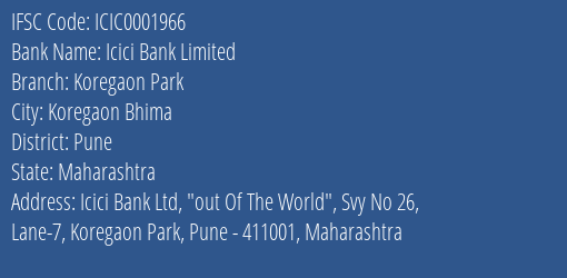 Icici Bank Koregaon Park Branch Pune IFSC Code ICIC0001966