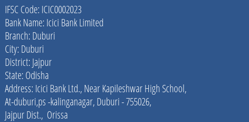 Icici Bank Duburi Branch Jajpur IFSC Code ICIC0002023