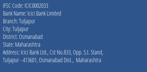 Icici Bank Tuljapur Branch Osmanabad IFSC Code ICIC0002033