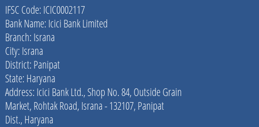 Icici Bank Israna Branch Panipat IFSC Code ICIC0002117