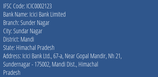 Icici Bank Sunder Nagar Branch Mandi IFSC Code ICIC0002123