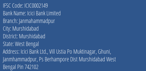Icici Bank Janmahammadpur Branch Murshidabad IFSC Code ICIC0002149