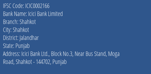 Icici Bank Shahkot Branch Jalandhar IFSC Code ICIC0002166