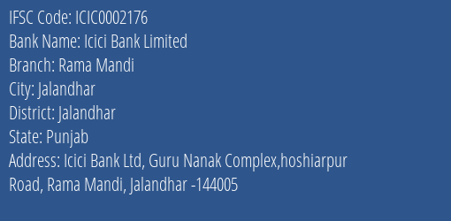 Icici Bank Rama Mandi Branch Jalandhar IFSC Code ICIC0002176