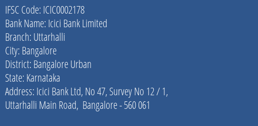 Icici Bank Uttarhalli Branch Bangalore Urban IFSC Code ICIC0002178