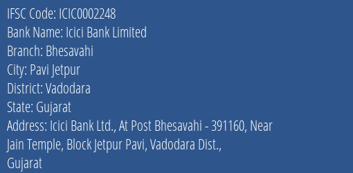 Icici Bank Bhesavahi Branch Vadodara IFSC Code ICIC0002248