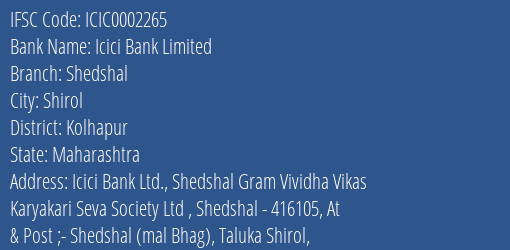 Icici Bank Shedshal Branch Kolhapur IFSC Code ICIC0002265