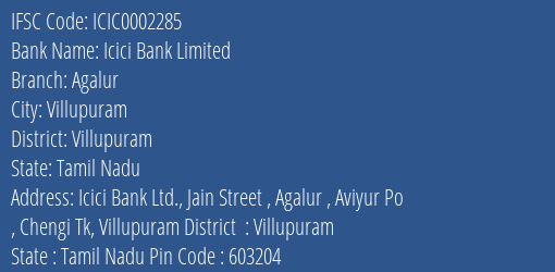 Icici Bank Agalur Branch Villupuram IFSC Code ICIC0002285