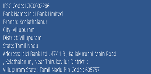 Icici Bank Keelathalanur Branch Villupuram IFSC Code ICIC0002286