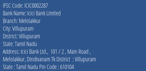 Icici Bank Melolakkur Branch Villupuram IFSC Code ICIC0002287