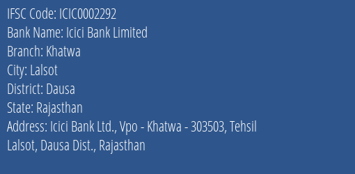 Icici Bank Khatwa Branch Dausa IFSC Code ICIC0002292