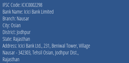 Icici Bank Nausar Branch Jodhpur IFSC Code ICIC0002298